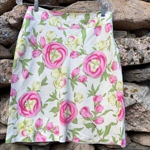 Ann Taylor LOFT Floral Linen Blend Skirt Size 6 Lined Side Zip Pink Green
